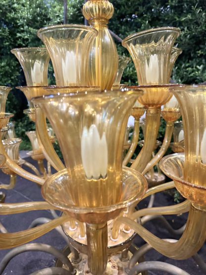 โคมไฟเเชนเดอเลียร์ สไตล์ยุโรป ช่อแก้วสีชา ทรงเชิงเทียนช่อใหญ่ ชั้นล่างก้านทองเหลือง งานโรงแรม