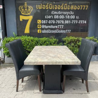ชุดโต๊ะอาหาร 4 ที่นั่ง ท็อปหินอ่อน โครงขาไม้ บุหนังเทียม สีดำดึงดุม พร้อมเก้าอี้เบาะหนังเทียมสีดำ โครงขาไม้