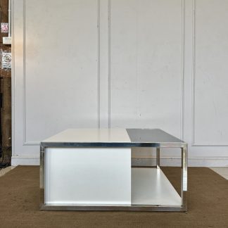 โต๊ะกลางท็อปกระจก ไม้ MDF สีขาว โครงเหล็ก