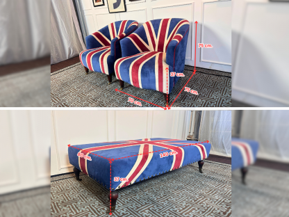 25 เซตอาร์มแชร์เบาะผ้ากำมะหยี่ ลายธง Union Jack มีล้อเลื่อน พร้อมสตูลเข้าเซต