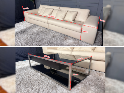 26 โซฟายาวหนังแท้สีครีม พร้อมโต๊ะกลางท็อปกระจก 2 ชั้น Temperred Glass โครงขาสแตนเลสและหมอนอิง 5 ใบ