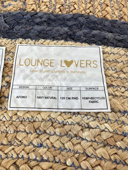พรมเชือกสาน ขอบผ้าถักสีกรมท่า ทรงกลม แบรนด์ LOUNGE LOVERS