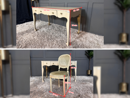 16 โต๊ะทำงานไม้ 3 ลิ้นชัก แบรนด์ Hooker Furniture พร้อมเก้าอี้ไม้แกะลาย สไตล์ยุโรป เบาะผ้ากำมะหยี่สีเขียว แบรนด์ Jansen
