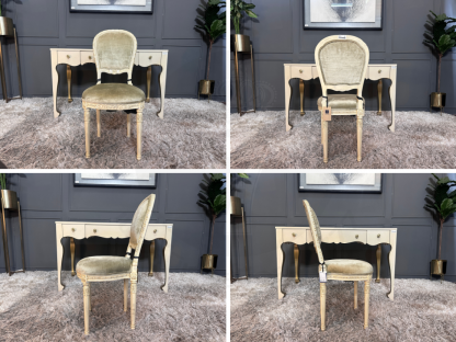 16 โต๊ะทำงานไม้ 3 ลิ้นชัก แบรนด์ Hooker Furniture พร้อมเก้าอี้ไม้แกะลาย สไตล์ยุโรป เบาะผ้ากำมะหยี่สีเขียว แบรนด์ Jansen
