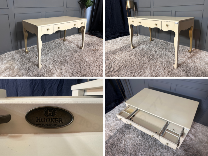 16 โต๊ะทำงานไม้ 3 ลิ้นชัก แบรนด์ Hooker Furniture พร้อมเก้าอี้ไม้แกะลาย สไตล์ยุโรป เบาะผ้ากำมะหยี่สีเขียว แบรนด์ Jansen