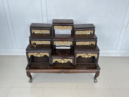 ชุดโต๊ะหมู่บูชา 9 ฐานท็อปกลางไม้ MDF โครงไม้สักติดลายฉลุลายไทยสีทอง