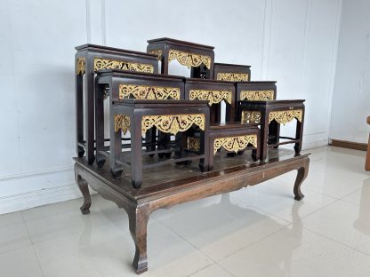 ชุดโต๊ะหมู่บูชา 9 ฐานท็อปกลางไม้ MDF โครงไม้สักติดลายฉลุลายไทยสีทอง
