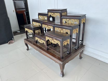 ชุดโต๊ะหมู่บูชา 9 ฐานท็อปกลางไม้ MDF โครงไม้สักติดลายฉลุลายไทยสีทอง