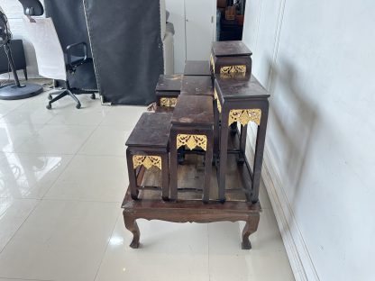 ชุดโต๊ะหมู่บูชา 9 ฐานท็อปกลางไม้ MDF โครงไม้สักติดลายฉลุลายไทยสีทอง