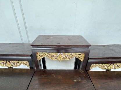 ชุดโต๊ะหมู่บูชา 9 ฐานท็อปกลางไม้ MDF โครงไม้สักติดลายฉลุลายไทยสีทอง
