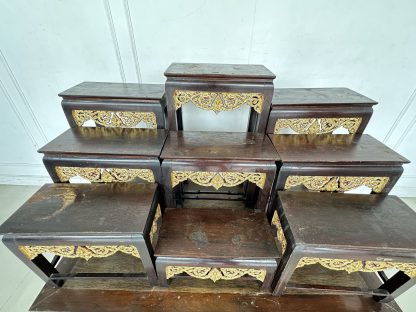 ชุดโต๊ะหมู่บูชา 9 ฐานท็อปกลางไม้ MDF โครงไม้สักติดลายฉลุลายไทยสีทอง