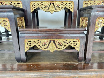ชุดโต๊ะหมู่บูชา 9 ฐานท็อปกลางไม้ MDF โครงไม้สักติดลายฉลุลายไทยสีทอง