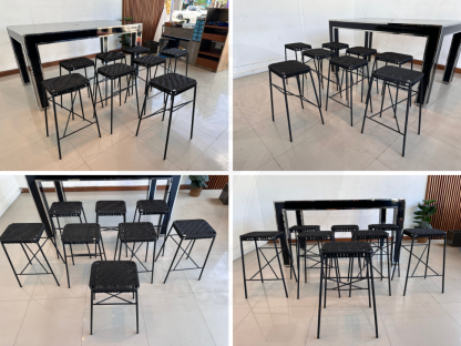 30 เซตโต๊ะประชุม 8 ที่นั่ง ท็อปและขากระจกสีดำ ขอบสแตนเลส มีช่องร้อยสายไฟ พร้อมเก้าอี้บาร์ เบาะเชือกถักสีดำ โครงขาเหล็ก