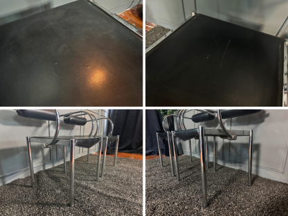 16 เซตคอฟฟี่เทเบิล ท็อปกระจก Tempered Glass โครงขาเหล็ก พร้อมอาร์มแชร์ เบาะหนัง PU สีดำ พนักพิงหุ้มนวม โครงขาเหล็ก