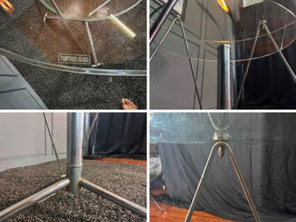 16 เซตคอฟฟี่เทเบิล ท็อปกระจก Tempered Glass โครงขาเหล็ก พร้อมอาร์มแชร์ เบาะหนัง PU สีดำ พนักพิงหุ้มนวม โครงขาเหล็ก