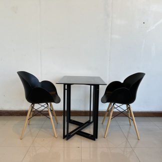 ชุดโต๊ะทานอาหาร 2 ที่นั่ง ท็อปไม้ MDF ปิดผิวลายหินอ่อนสีขาว ขาเหล็กสีดำ พร้อมเก้าอี้