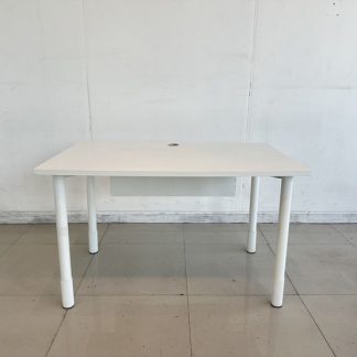 โต๊ะทำงาน ท็อปไม้ MDF ท็อปมีรูร้อยสายไฟ ด้านหน้ามีแผ่นไม้ MDF ปิด โครงขาเหล็กสีขาว (ขนาดกว้าง 110CM.)