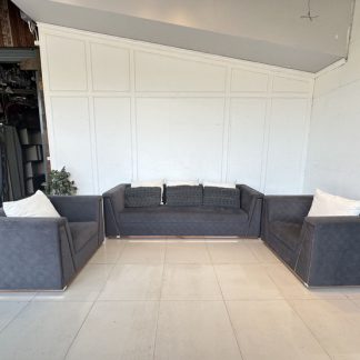 ชุดโซฟารับแขก เบาะผ้าสีเทา ขอบสแตนเลสสีโรสโกลด์ ชุดโซฟารับแขก เบาะผ้าสีเทา ขอบสแตนเลสสีโรสโกลด์