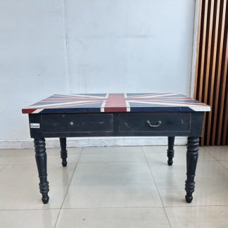 โต๊ะกลางไม้จริง ท็อปลายธงอังกฤษ 4 ลิ้นชัก 2 ด้าน โครงขาไม้จริงสีดำ ขากลึงกลม