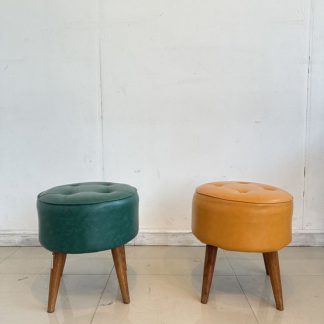 สตูล ทรงกลม เบาะหนัง PU ดึงดุม โครงขาไม้จริง